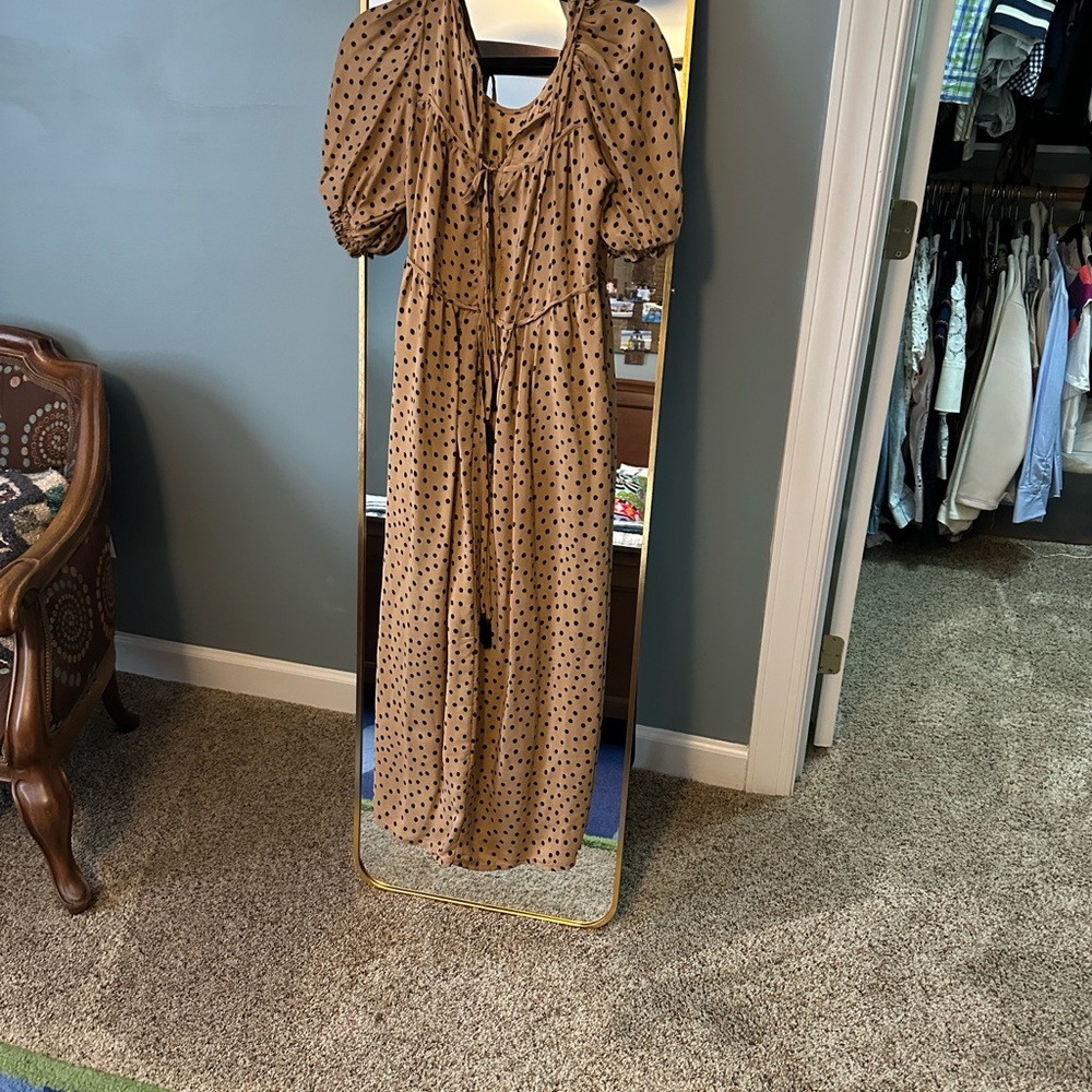 Natalie Martin Tan and Black Polka Dot  Silk Maxi Dress